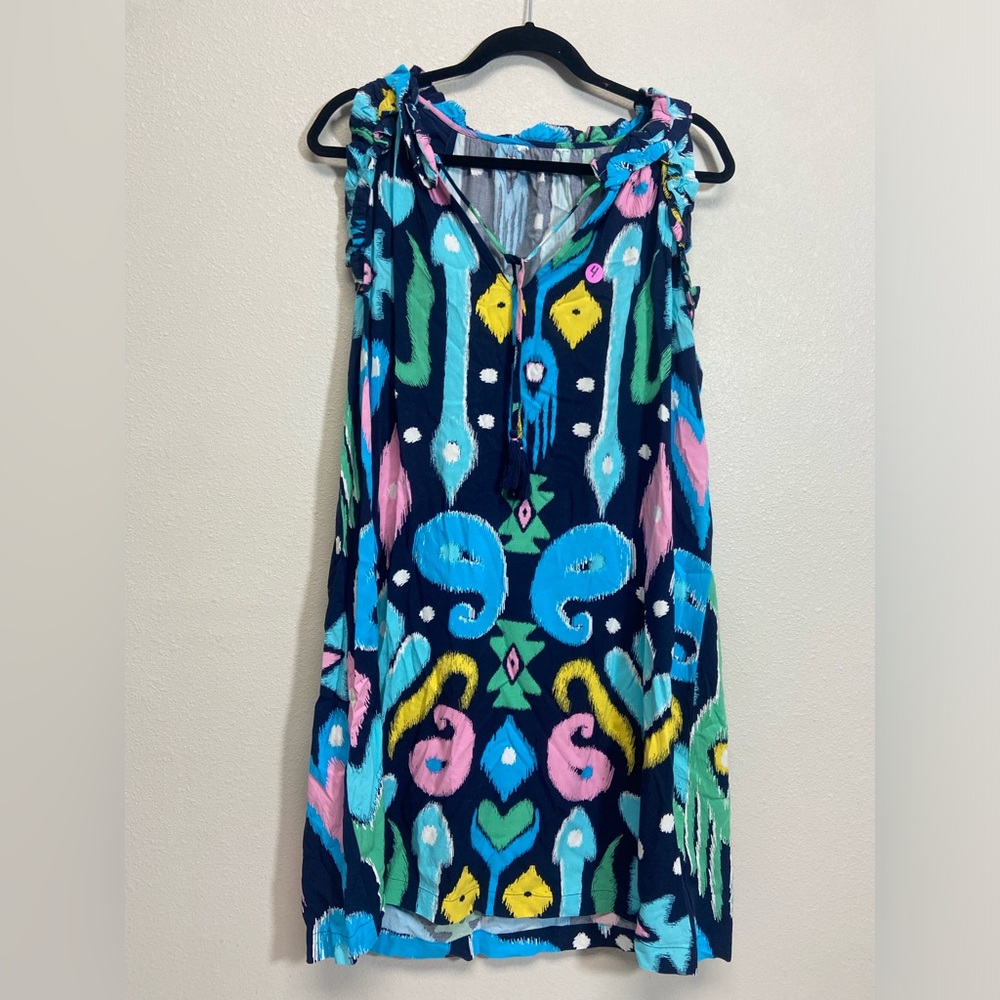 Bright, and colorful dress. No size but fits like a 10.